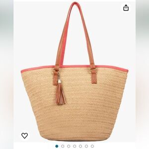 Boho Beach Life Hand Woven Straw Tote with Leather Straps, Coral Liner, Tassel